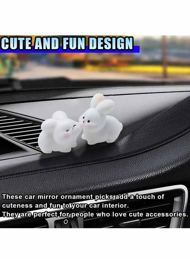4 PCS Cute Mini Rabbit Car Rearview Mirror Ornaments, Kiss Face Animals Resin Dashboard Decorations, Funny Car Interior Accessories for Women Presents (Rabbit) - Image 3